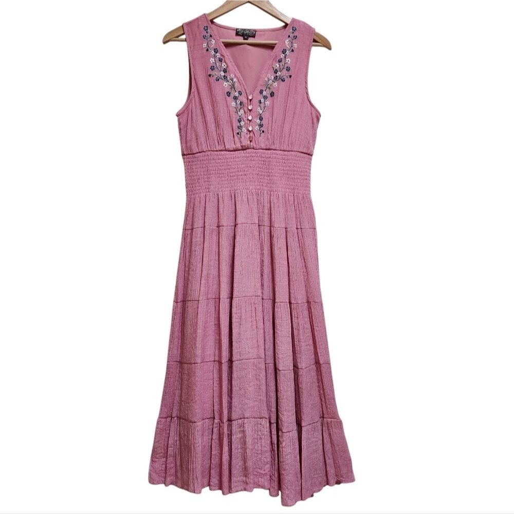 J Glee Dress Womens PL Pink Floral Gauzy Sleeveless Embroidered Tiered Smocked